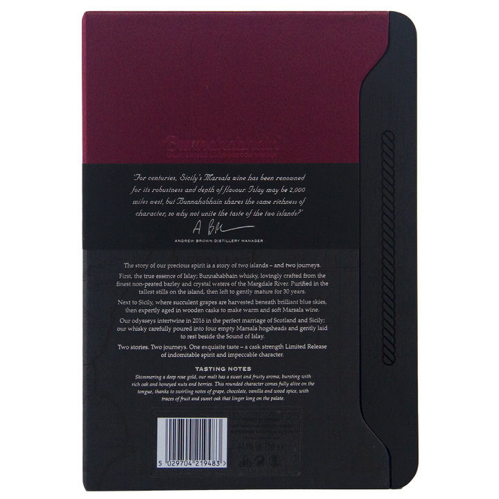 The back of a burgundy and black box for Bunnahabhain 30 Year Old 1988 Vintage single malt whisky, featuring branding, a product description, tasting notes with a focus on its aged character, and a barcode at the bottom.