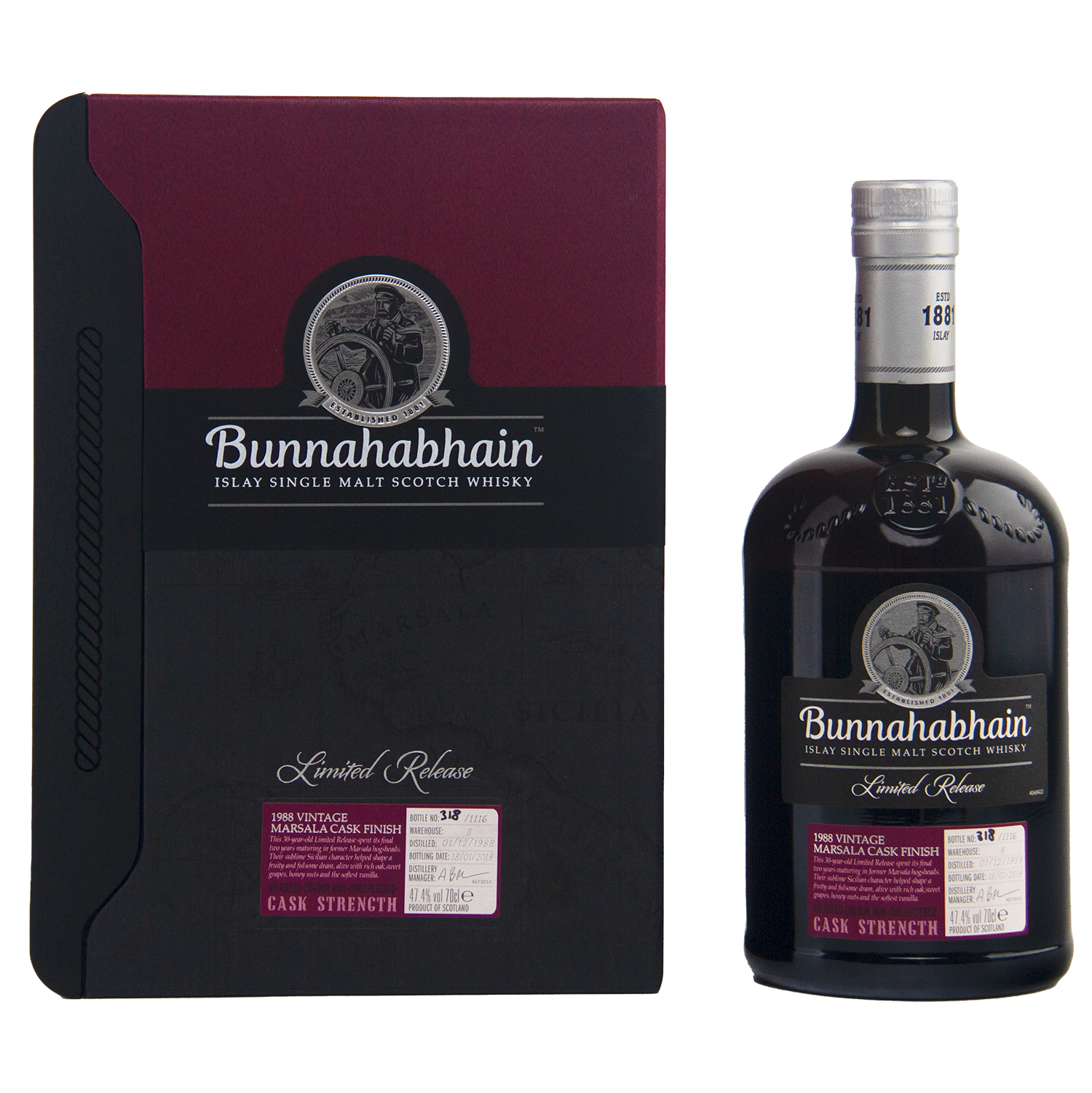 A bottle and box of Bunnahabhain 30 Year Old 1988 Vintage single malt whisky, with a maroon and black design, silver accents, and the distillery logo on both the bottle and the box.