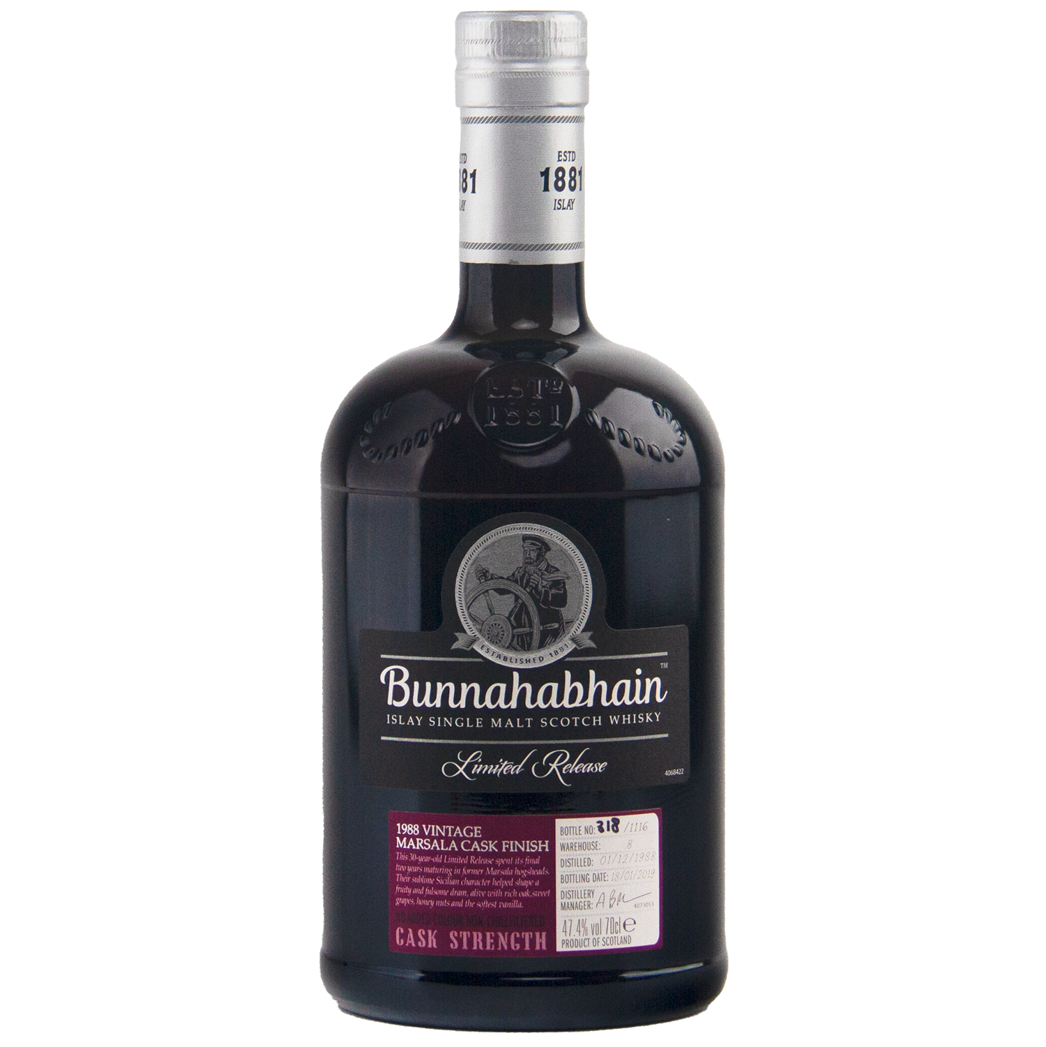 A dark glass bottle of Bunnahabhain 30 Year Old 1988 Vintage single malt whisky, with a silver cap and detailed label indicating it's a limited release, Marsala cask finished, and bottled at cask strength.