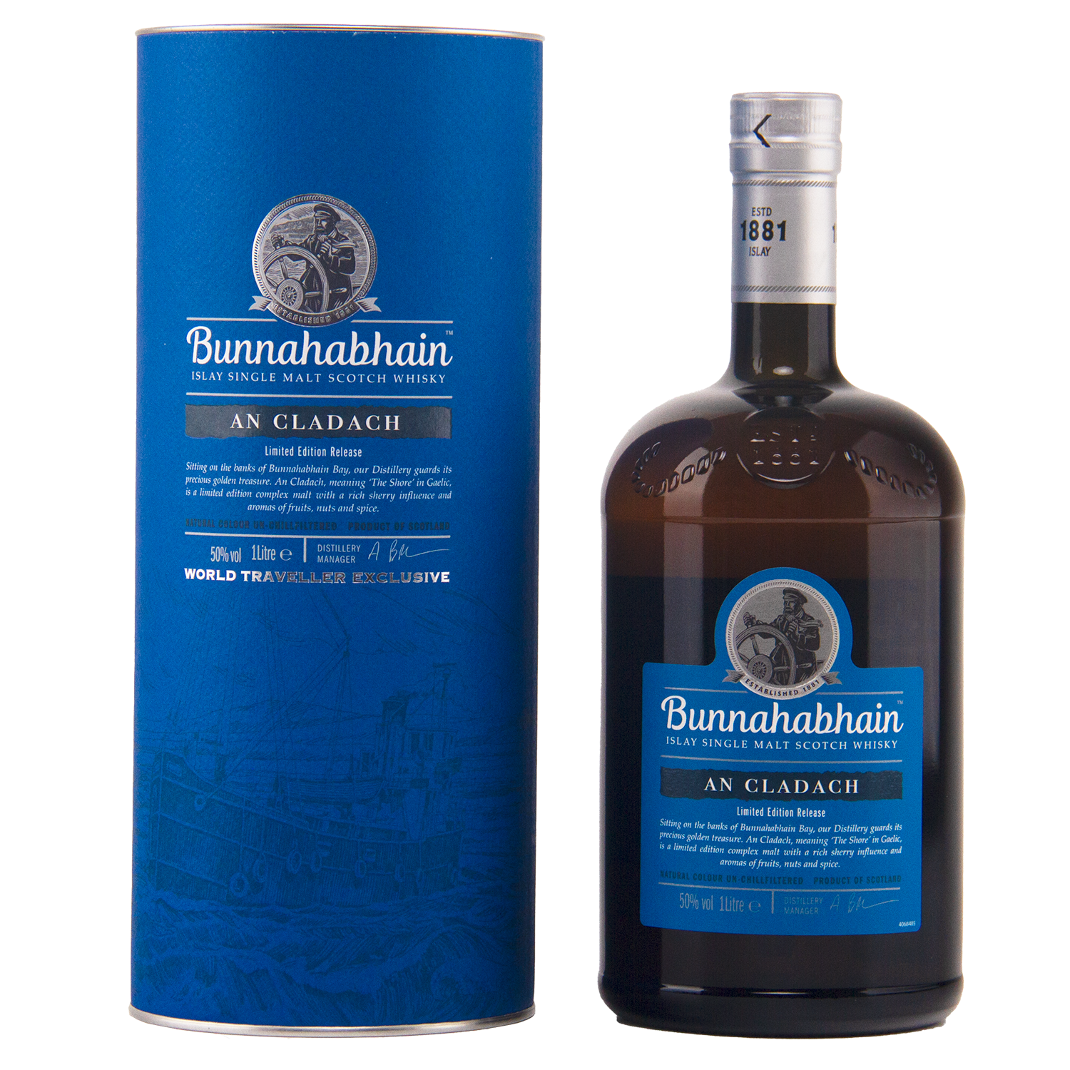 A bottle of Bunnahabhain An Cladach 1881 Limited Edition Single Malt Scotch Whisky shown next to its tall blue cylindrical packaging box on a white background.