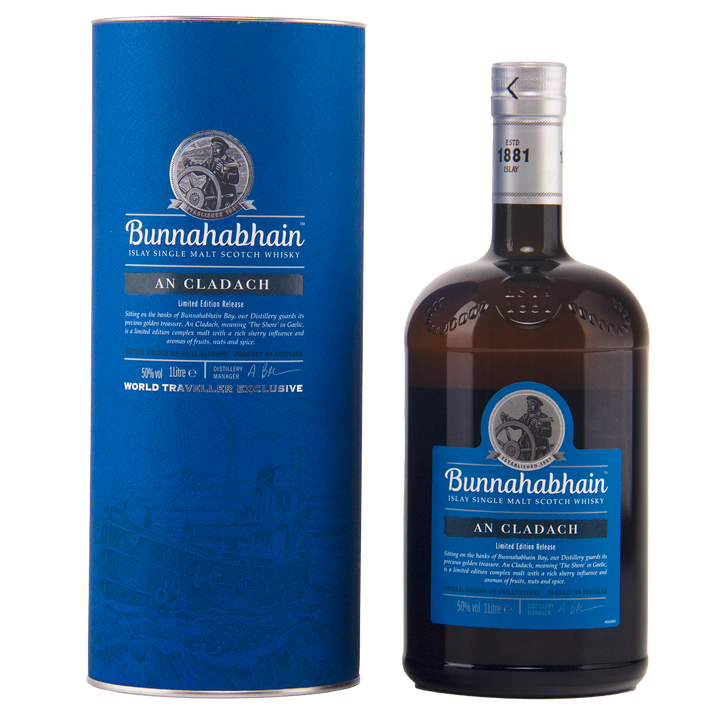A bottle of Bunnahabhain An Cladach 1881 Limited Edition Single Malt Scotch Whisky shown next to its tall blue cylindrical packaging box on a white background.