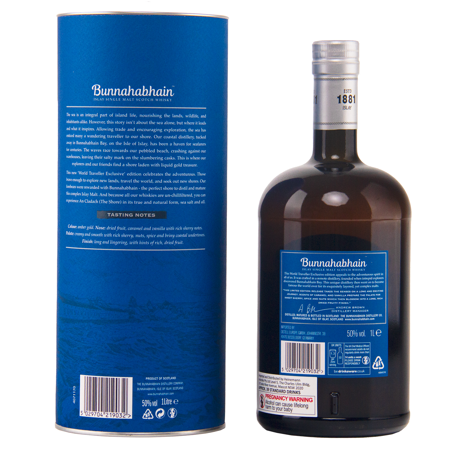 Bunnahabhain Scotch whisky bottle shown next to its tall blue cardboard box on a plain white background, displaying both the front label and the back packaging.
