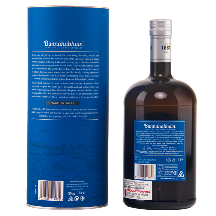 Bunnahabhain Scotch whisky bottle shown next to its tall blue cardboard box on a plain white background, displaying both the front label and the back packaging.