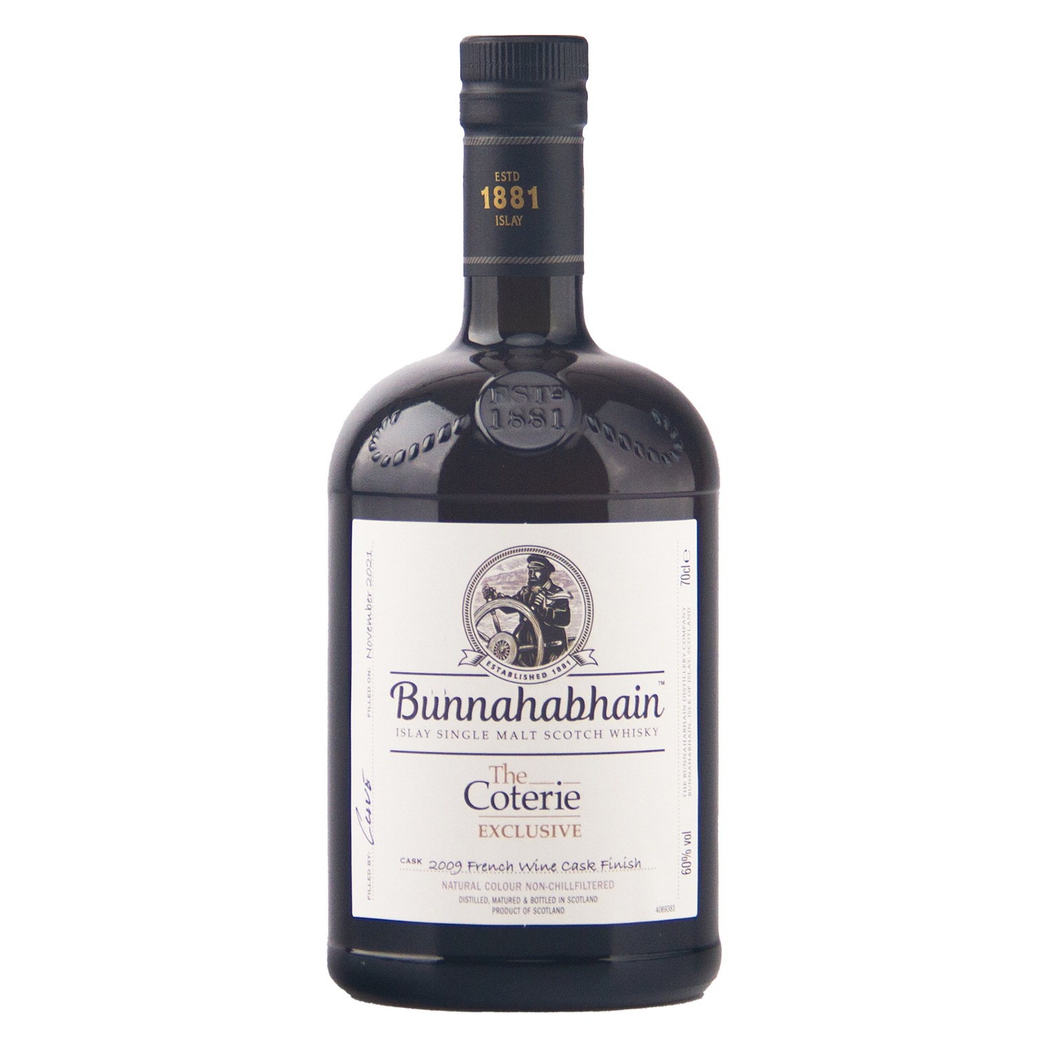 A bottle of Bunnahabhain The Coterie Exclusive single malt Scotch whisky on a plain white background.