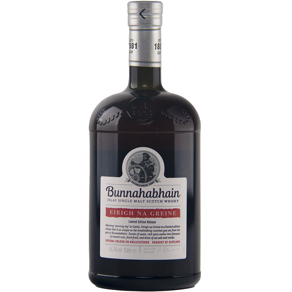 A dark glass bottle of Bunnahabhain Eirigh Na Greine single malt Scotch whisky, matured in red wine casks, with a cream cap and a label displaying a sailor illustration and red "Eirigh Na Greine Limited Edition Release" text.