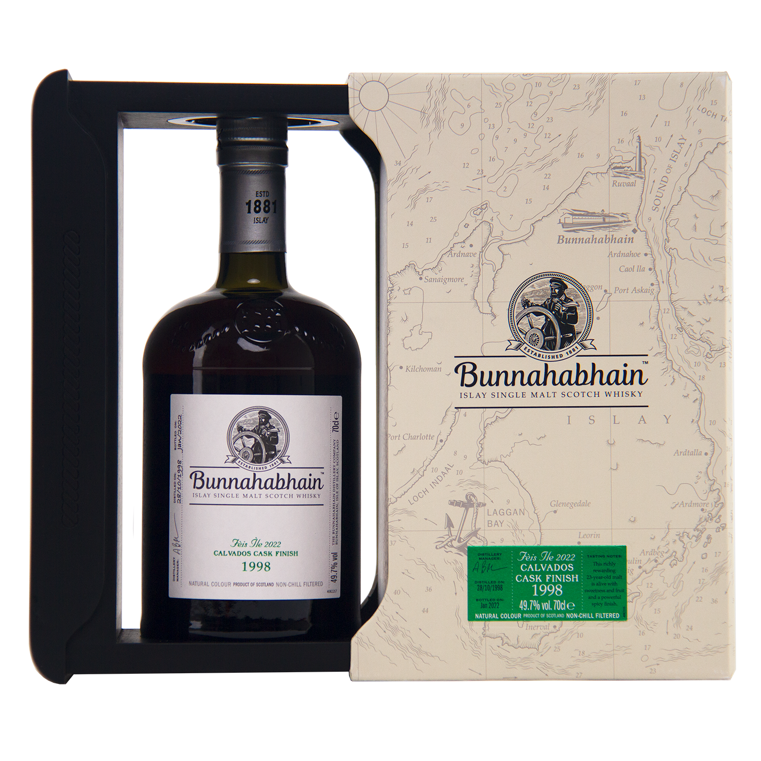 A bottle of Bunnahabhain Fèis Ìle 2022 1998 Calvados Cask Finish is presented in a cream map-themed box with a window that showcases the elegant label.