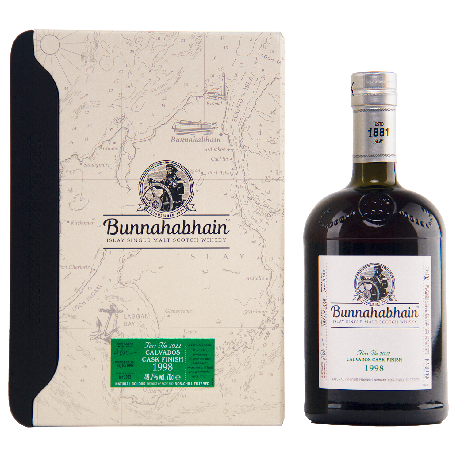 A bottle of Bunnahabhain Fèis Ìle 2022 1998 Calvados Cask Finish sits beside its cream box, adorned with a map design and the Bunnahabhain logo.