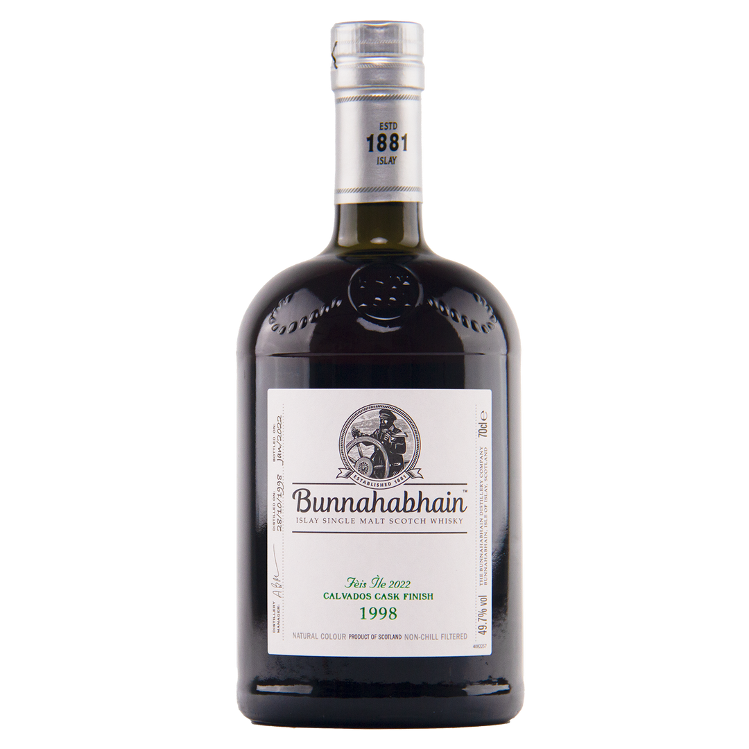 A dark glass 700ml bottle of Bunnahabhain Fèis Ìle 2022 1998 Calvados Cask Finish single malt Scotch whisky, 49% ABV, featuring a white label, black cap, and detailed branding.