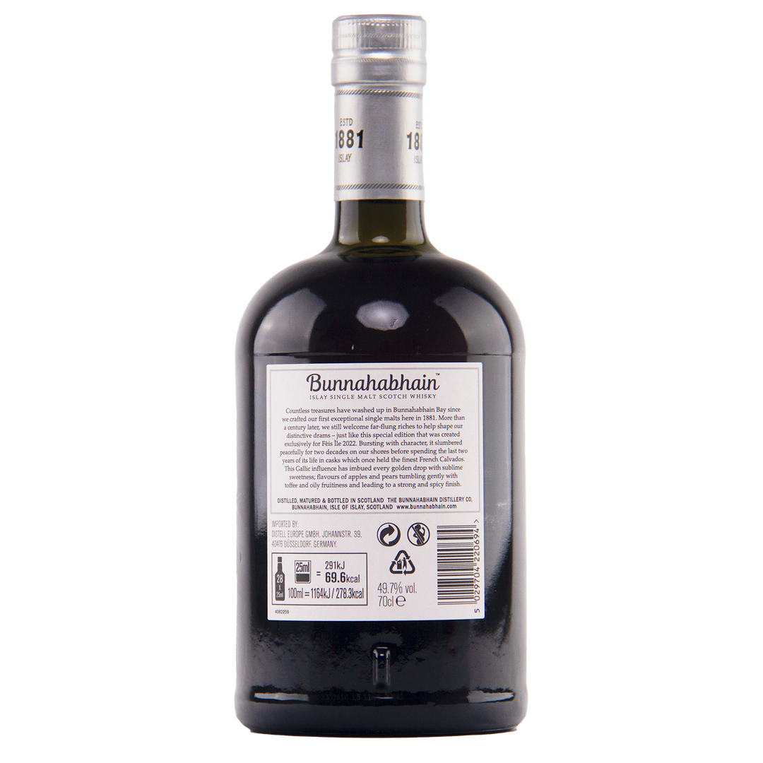 A bottle of Bunnahabhain Fèis Ìle 2022 1998 Calvados Cask Finish Islay single malt Scotch whisky shown from the back, highlighting its label with product details and a silver cap, set against a plain white background.