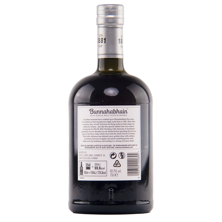 A bottle of Bunnahabhain Fèis Ìle 2022 1998 Calvados Cask Finish Islay single malt Scotch whisky shown from the back, highlighting its label with product details and a silver cap, set against a plain white background.