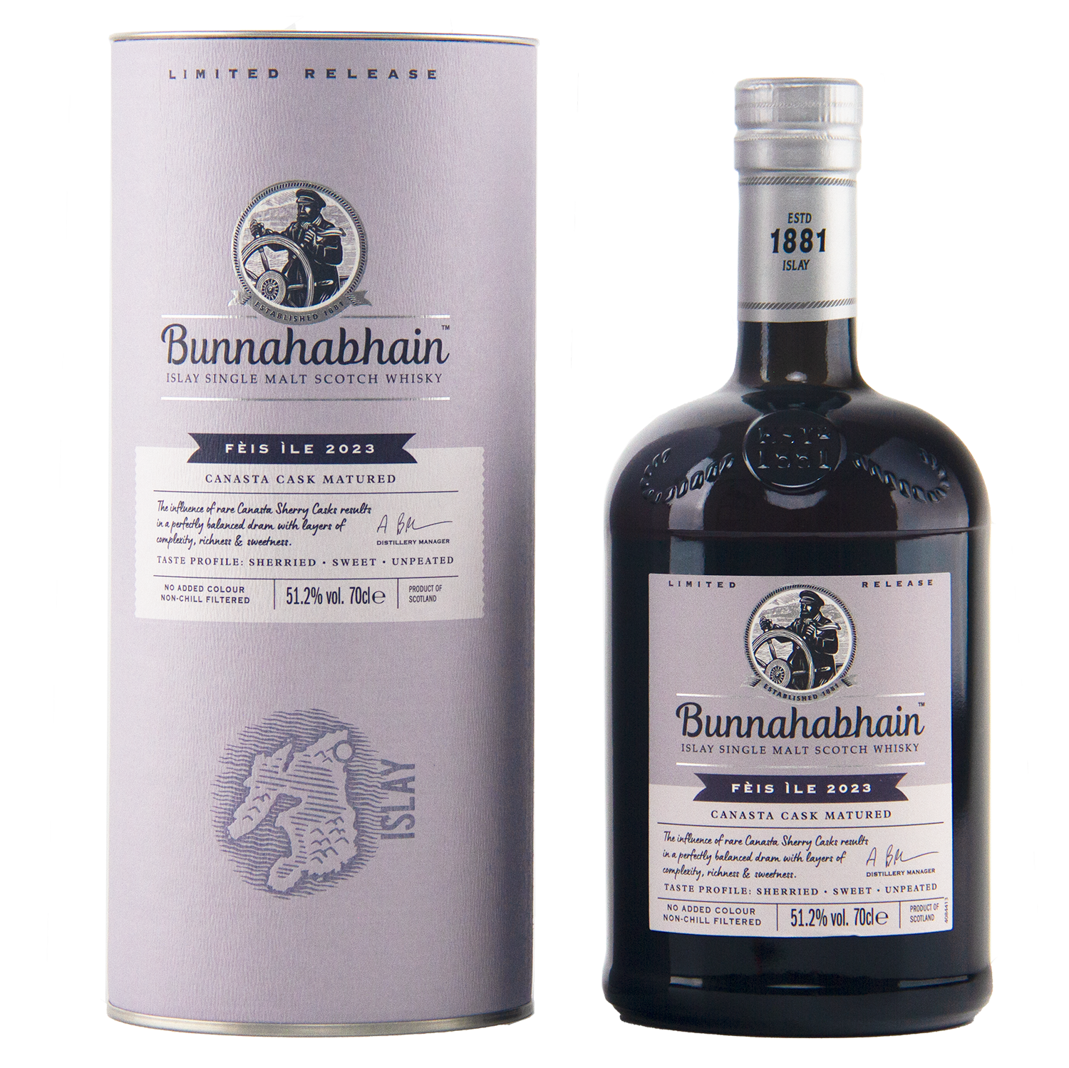A bottle of Bunnahabhain Perth Ile 2023 single malt Scotch whisky next to its matching cylindrical packaging box, both in a clean studio setting.