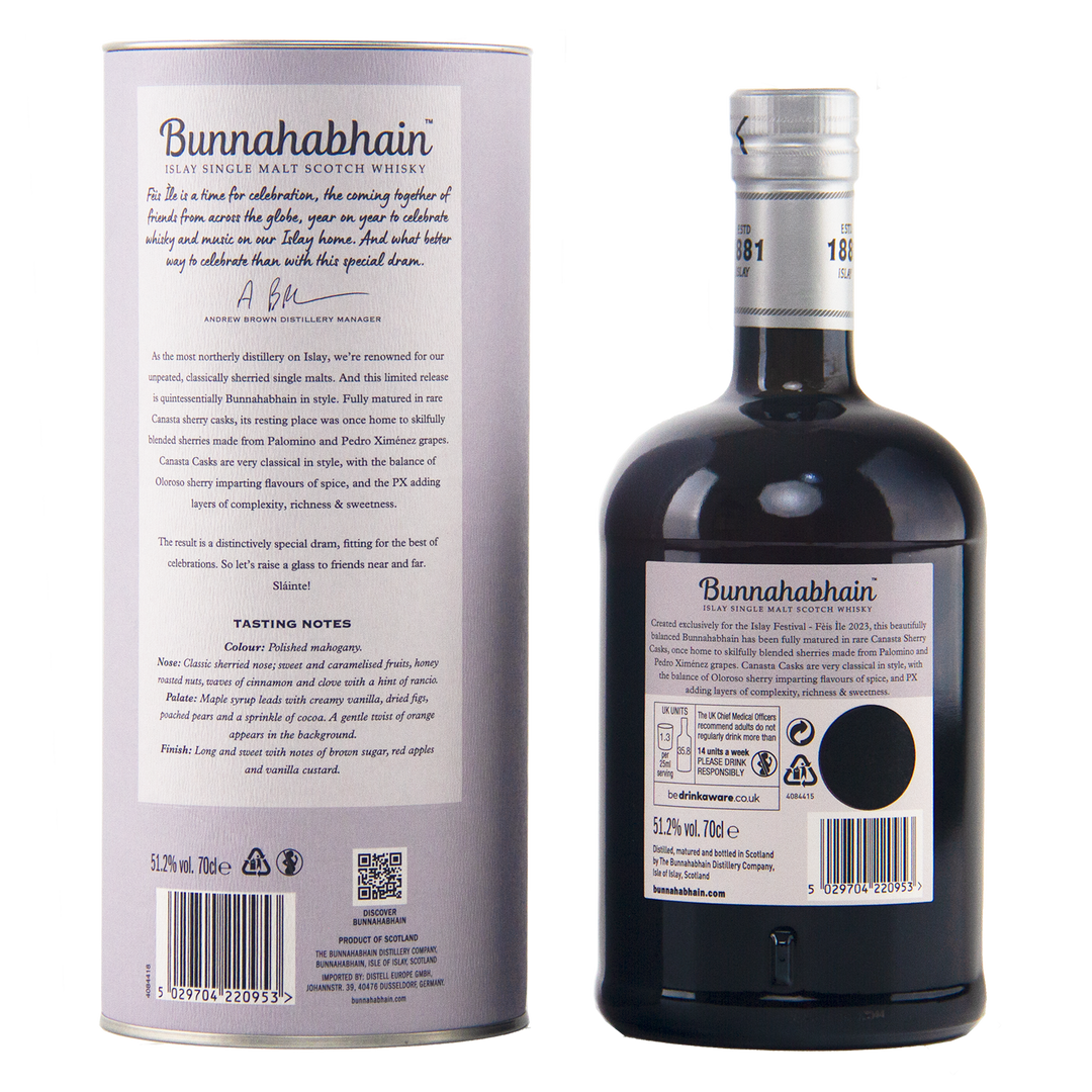 Bunnahabhain Scotch whisky bottle shown next to its tall cylindrical cardboard packaging box, displaying the back of both the bottle and the box with product details, branding, and barcodes on a white background.