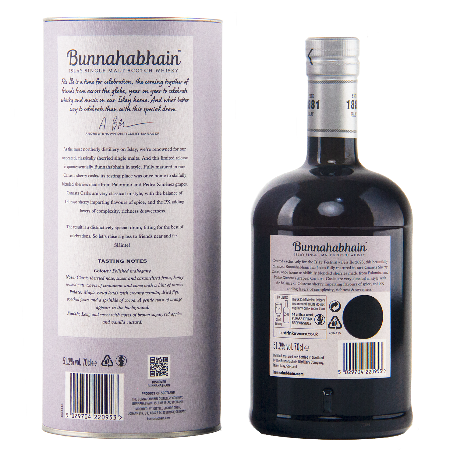 Bunnahabhain Scotch whisky bottle shown next to its tall cylindrical cardboard packaging box, displaying the back of both the bottle and the box with product details, branding, and barcodes on a white background.