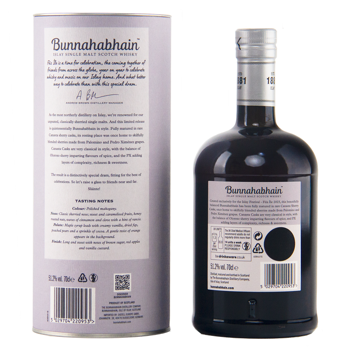 Bunnahabhain Scotch whisky bottle shown next to its tall cylindrical cardboard packaging box, displaying the back of both the bottle and the box with product details, branding, and barcodes on a white background.