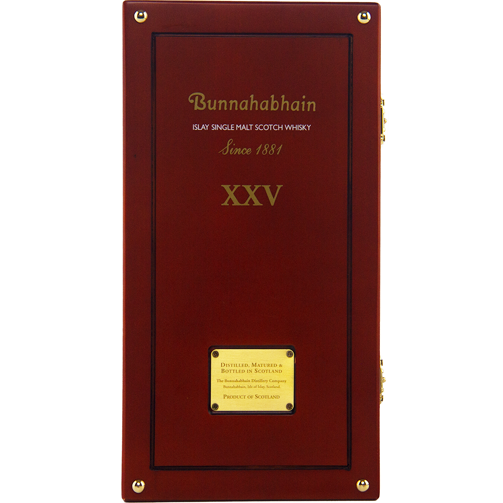 A wooden box for Bunnahabhain XXV 25 Year Old Single Malt Scotch Whisky, with gold lettering and a plaque, celebrates this limited edition malt distilled and bottled in Scotland since 1881.