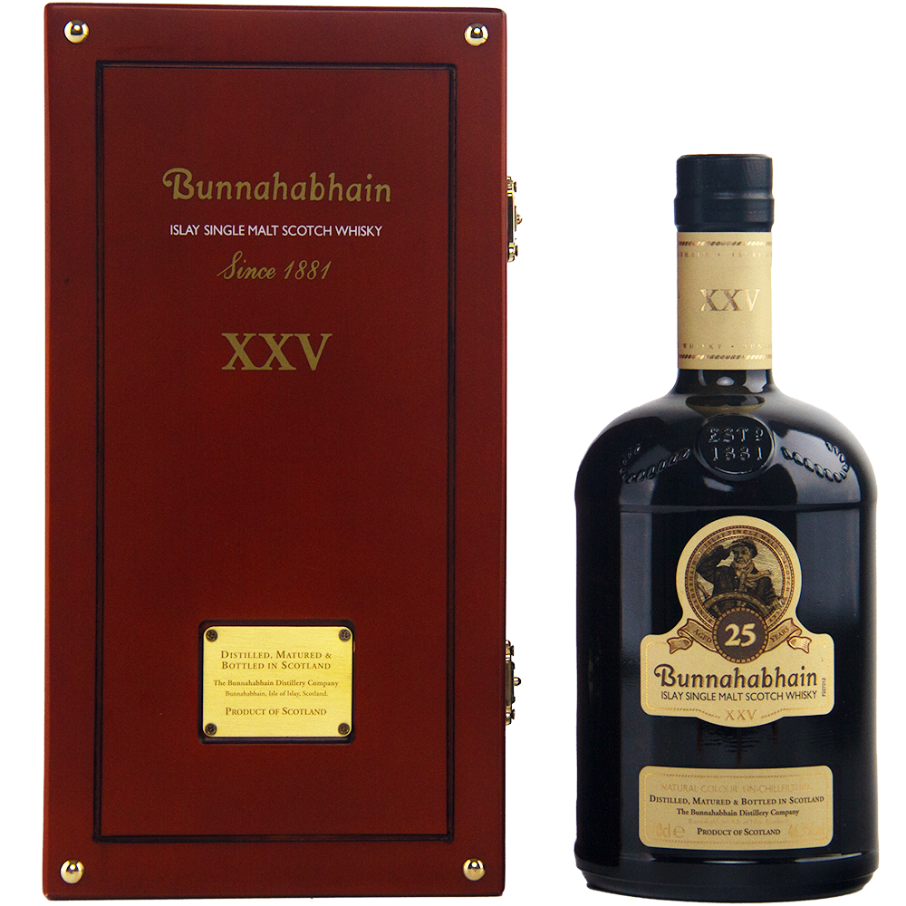 A bottle of Bunnahabhain XXV 25 Year Old Single Malt Scotch Whisky is displayed beside its stylish dark wooden box with gold accents, highlighting the refined presentation of this exclusive single malt.