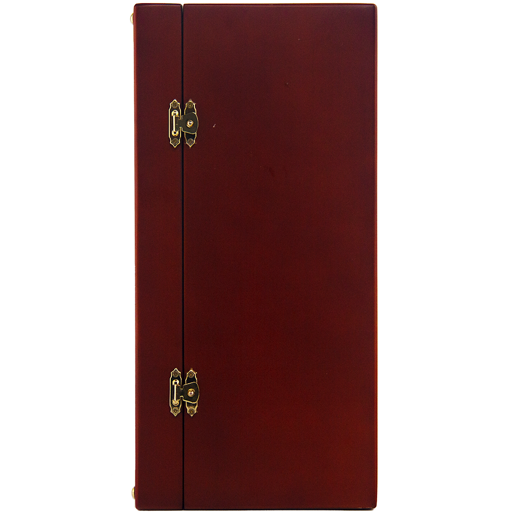 A closed wooden box with a smooth, dark reddish-brown finish houses the Bunnahabhain XXV 25 Year Old Single Malt Scotch Whisky. Two gold-colored hinges and clasps accent one side of the upright rectangular box, shown against a white background.