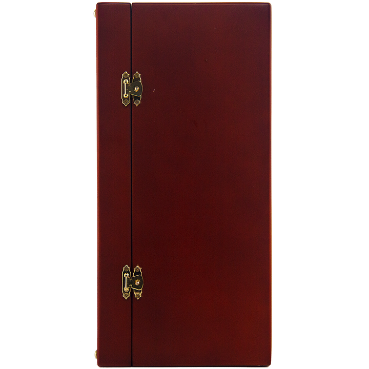 A closed wooden box with a smooth, dark reddish-brown finish houses the Bunnahabhain XXV 25 Year Old Single Malt Scotch Whisky. Two gold-colored hinges and clasps accent one side of the upright rectangular box, shown against a white background.
