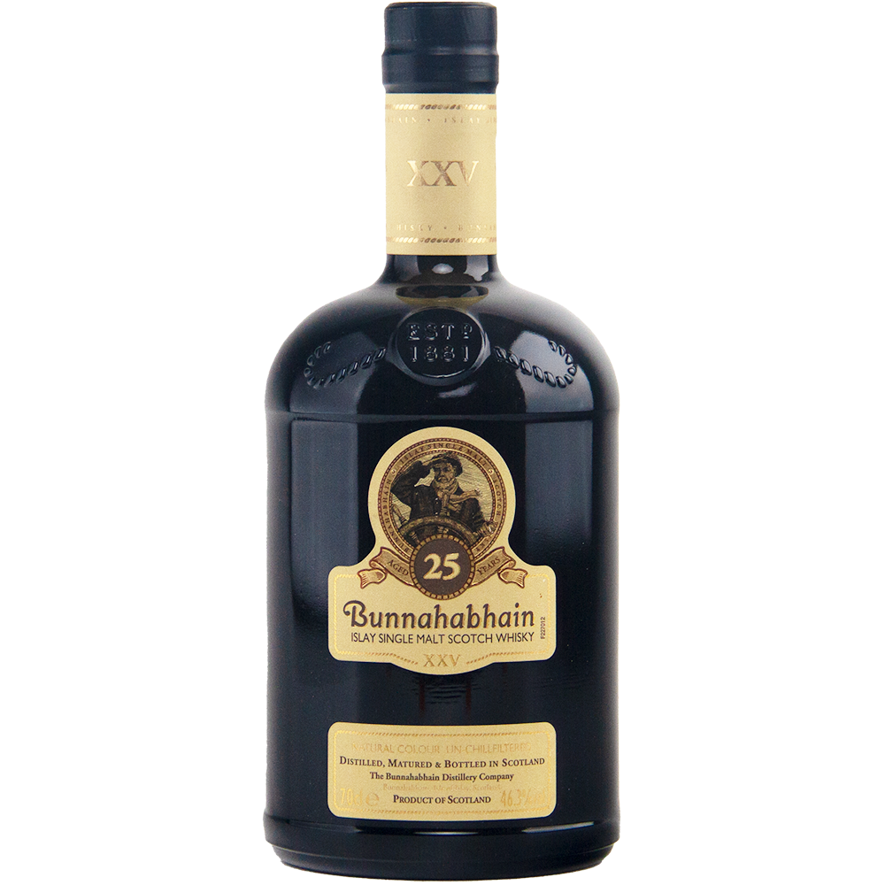 A dark bottle of Bunnahabhain XXV 25 Year Old Single Malt Scotch Whisky with a gold label and cap, showing the brand name, age statement, and a sailor illustration on the front.
