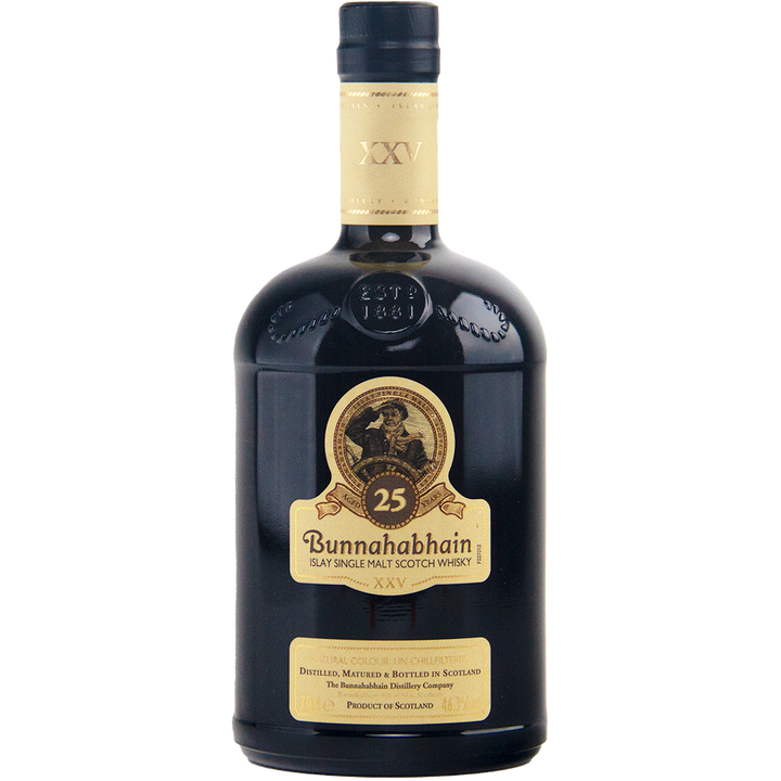 A dark bottle of Bunnahabhain XXV 25 Year Old Single Malt Scotch Whisky with a gold label and cap, showing the brand name, age statement, and a sailor illustration on the front.