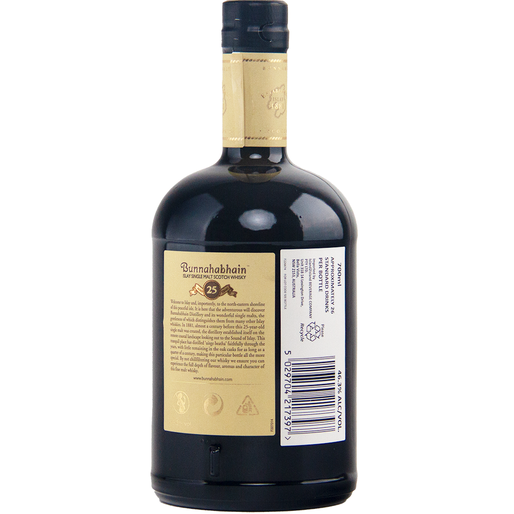 A dark brown bottle of Bunnahabhain XXV 25 Year Old Single Malt Scotch Whisky is shown from the back, featuring a beige label with product details and a barcode on the right—a refined, limited edition single malt.