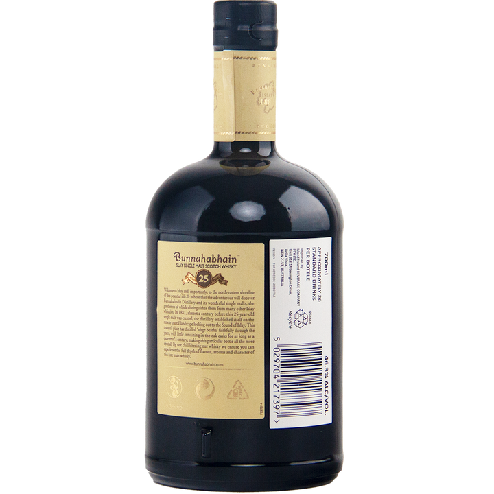 A dark brown bottle of Bunnahabhain XXV 25 Year Old Single Malt Scotch Whisky is shown from the back, featuring a beige label with product details and a barcode on the right—a refined, limited edition single malt.