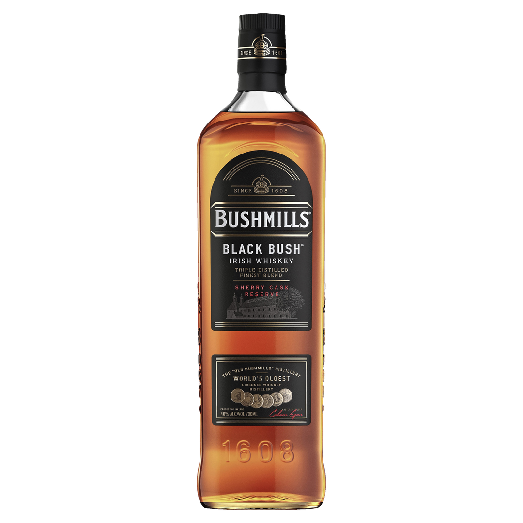 A bottle of Bushmills Black Bush Irish Whiskey, featuring a black and gold label with "Sherry Cask Reserve" and "World's Oldest" text, is displayed against a plain white background.