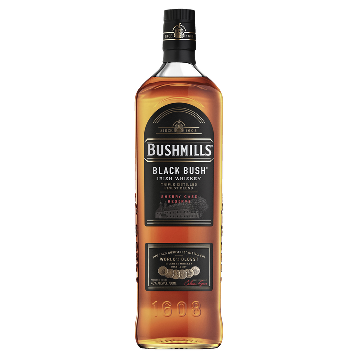 A bottle of Bushmills Black Bush Irish Whiskey, featuring a black and gold label with "Sherry Cask Reserve" and "World's Oldest" text, is displayed against a plain white background.