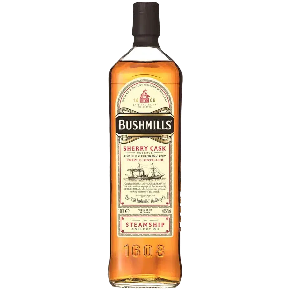 A bottle of Bushmills Steamship Sherry Cask Reserve Irish Whiskey from the Steamship Collection, featuring a cream label with a ship image and gold, black, and red accents.