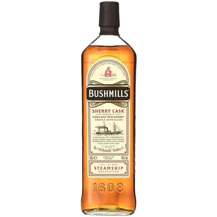A bottle of Bushmills Steamship Sherry Cask Reserve Irish Whiskey from the Steamship Collection, featuring a cream label with a ship image and gold, black, and red accents.