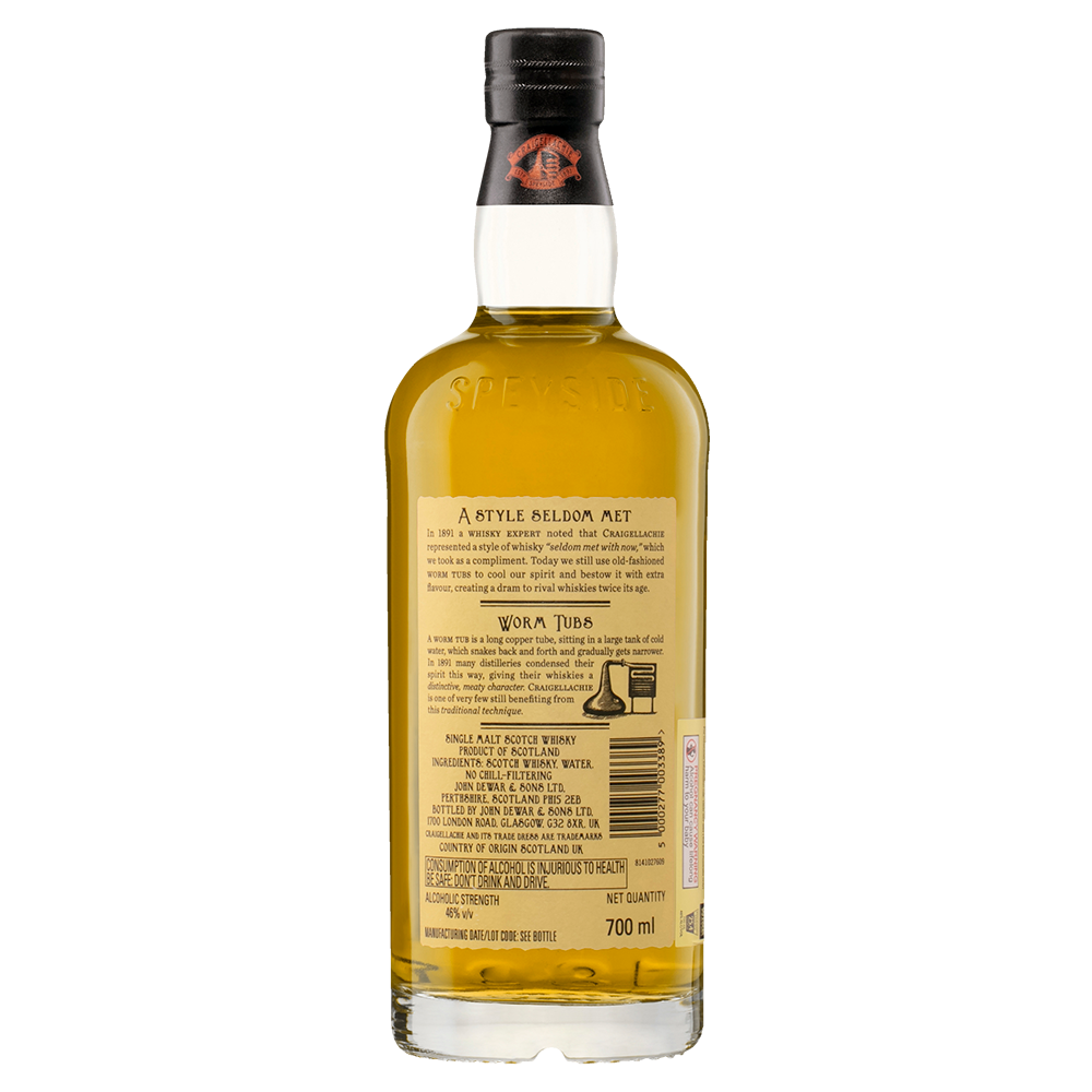 A back view of the Craigellachie 13 Year Old Single Malt Whisky shows a tan label with detailed text. The clear bottle displays golden Speyside whisky and is finished with a black cap.