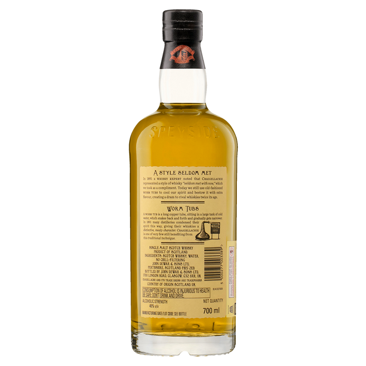 A back view of the Craigellachie 13 Year Old Single Malt Whisky shows a tan label with detailed text. The clear bottle displays golden Speyside whisky and is finished with a black cap.