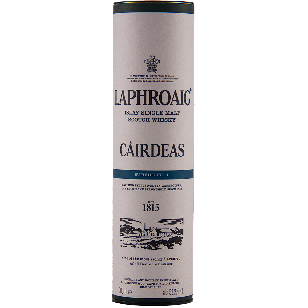 A cylindrical tube packaging for Laphroaig Cairdeas 2022 Warehouse 1, a limited-release whisky, with black and gold text on white and an illustration of the iconic Islay single malt distillery at the bottom.