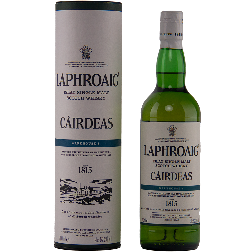 A bottle of Laphroaig Cairdeas 2022 Warehouse 1 whisky stands next to its cylindrical box, both adorned with cream and green labels, black text, and detailed logos.
