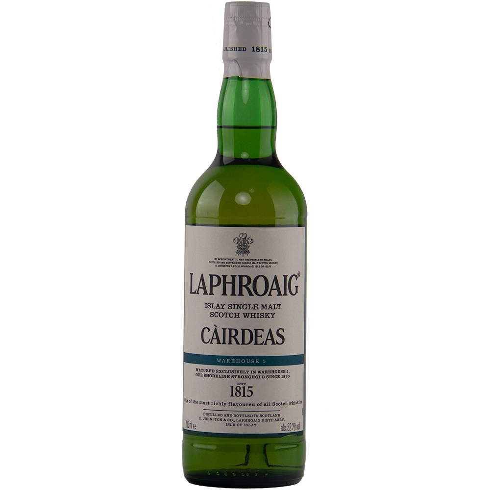 A green bottle of Laphroaig Cairdeas 2022 Warehouse 1 Scotch whisky with a white label and green cap features the brand name and limited-release details in black and blue text.