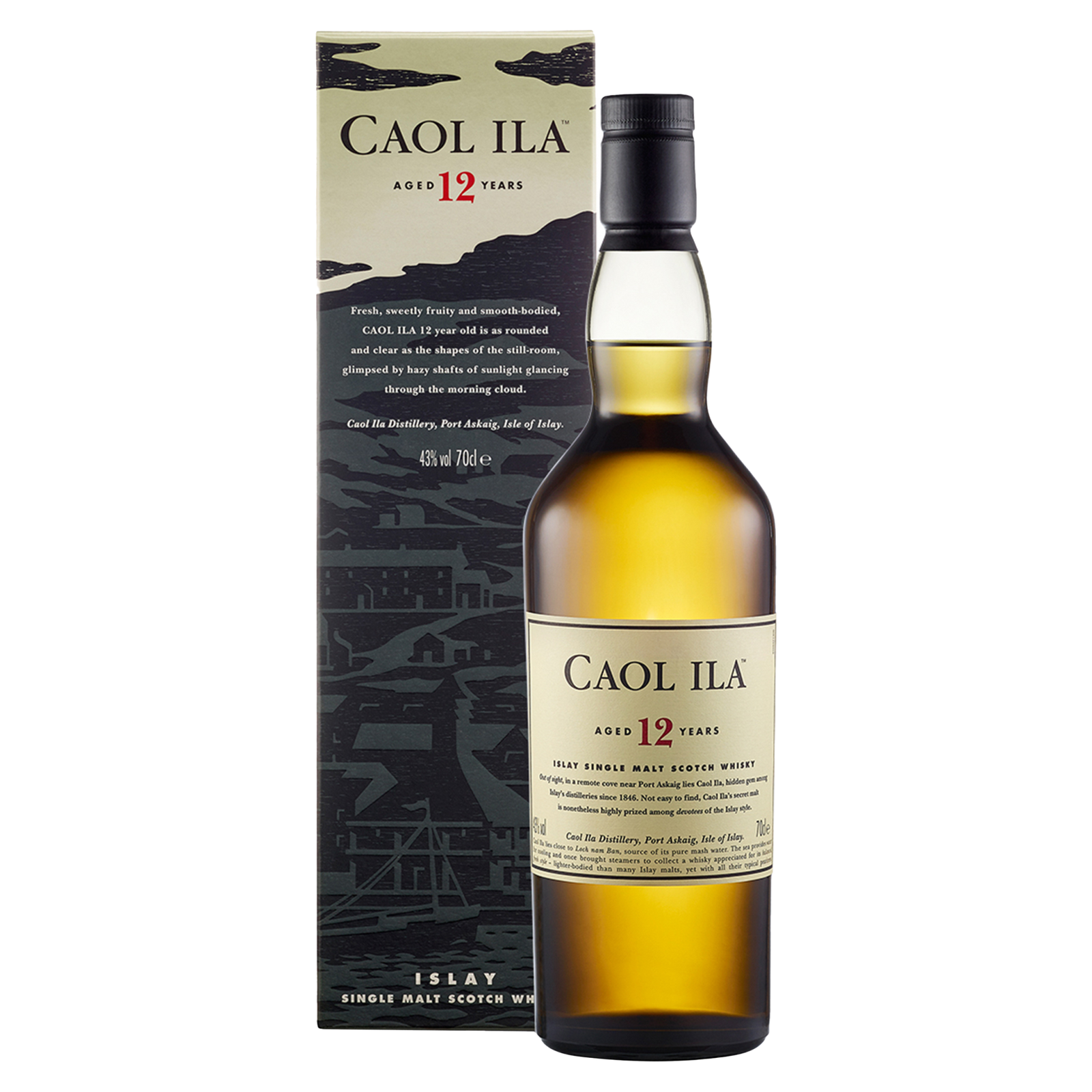 A 700ml bottle of Caol Ila 12 Year Old Single Malt Scotch Whisky (43% ABV) stands before its matching box, both featuring a landscape illustration and beige label with black and red text. This Islay whisky is known for its peated character.