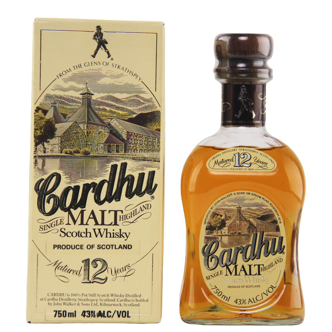Cardhu 12-year-old single malt Scotch whisky bottle and box on a white background