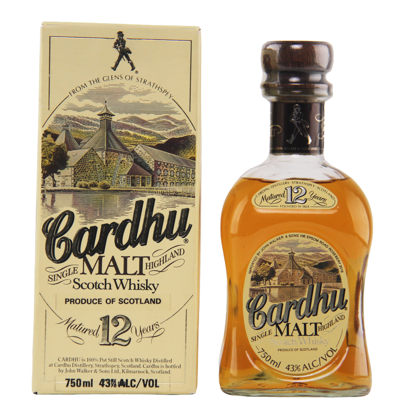 Cardhu 12-year-old single malt Scotch whisky bottle and box on a white background