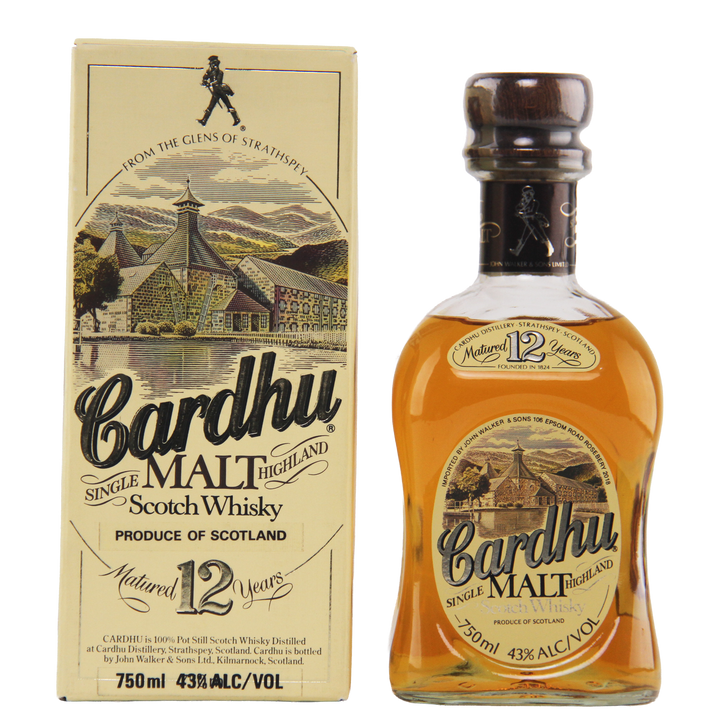 Cardhu 12-year-old single malt Scotch whisky bottle and box on a white background