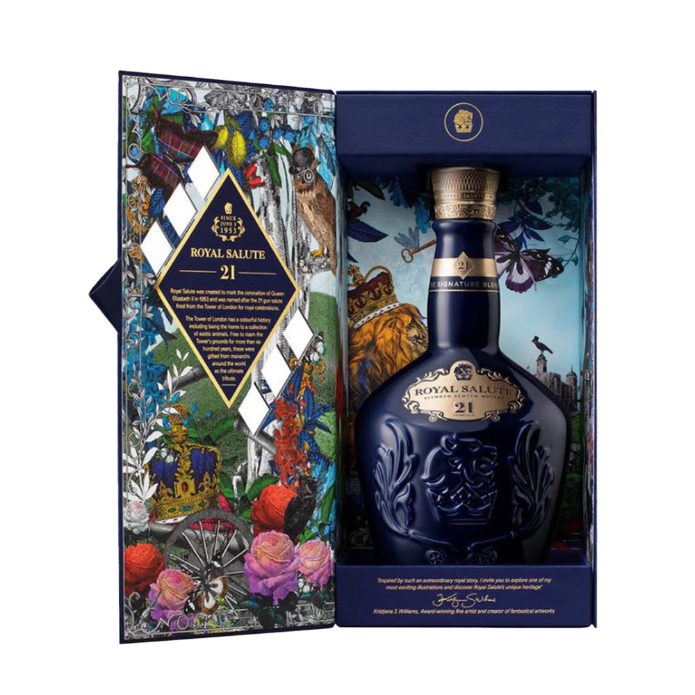 The Royal Salute 21 Year Old Blended Scotch Whisky comes in a blue box with gold accents, featuring colorful illustrations of flowers, an owl, and other animals—emphasizing the luxury of this aged blended Scotch.