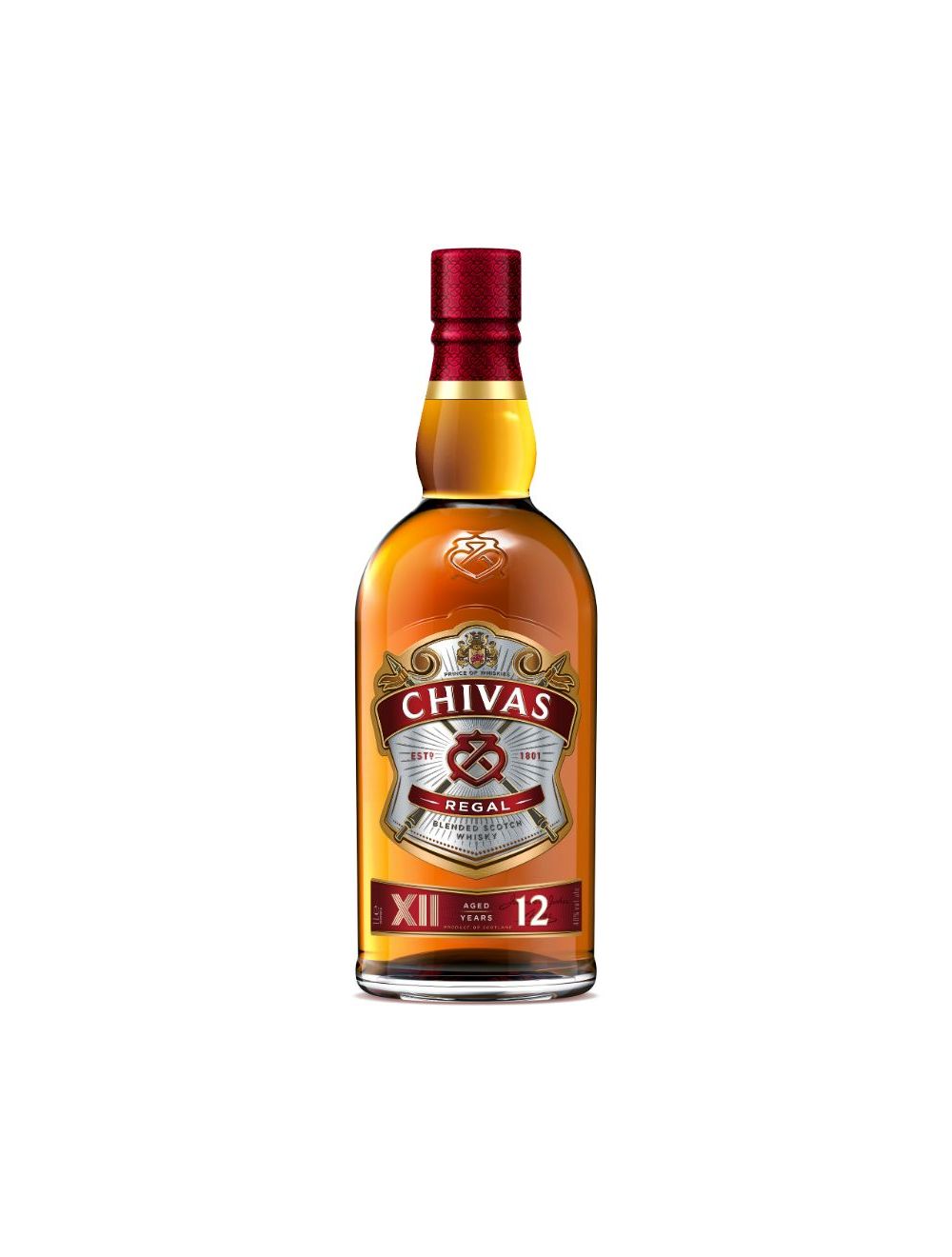 Chivas Regal 12-year-old whiskey bottle on a white background