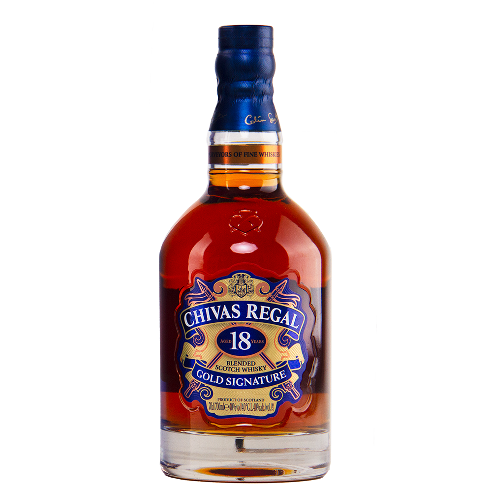 A bottle of Chivas Regal 18 Year Old Blended Scotch Whisky with a blue and gold label is displayed against a white background.