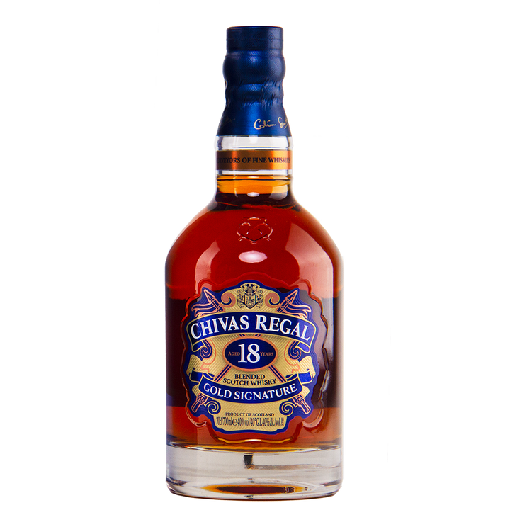 A bottle of Chivas Regal 18 Year Old Blended Scotch Whisky with a blue and gold label is displayed against a white background.