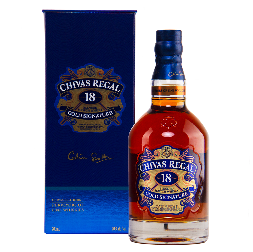 A bottle of Chivas Regal 18 Year Old Blended Scotch Whisky is showcased in front of its blue and gold box, both featuring the brand's logo and signature.