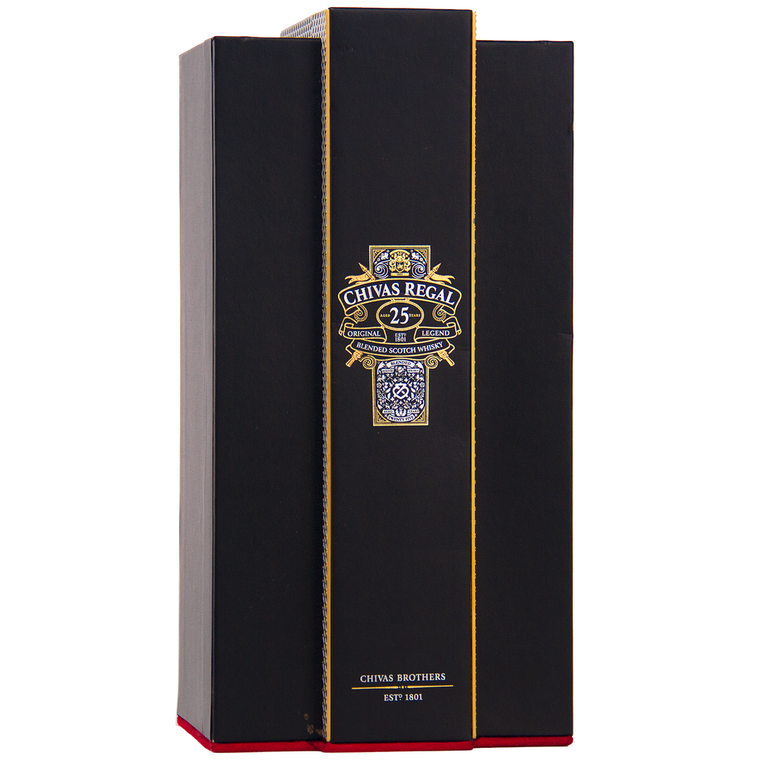 A black and gold upright box for Chivas Regal 25 Year Old Blended Scotch Whisky, featuring its logo, luxury blended whisky text, and ornate patterns. The box is slightly open on one side.
