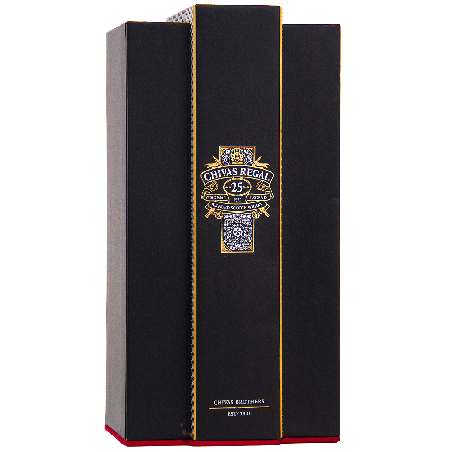 A black and gold upright box for Chivas Regal 25 Year Old Blended Scotch Whisky, featuring its logo, luxury blended whisky text, and ornate patterns. The box is slightly open on one side.