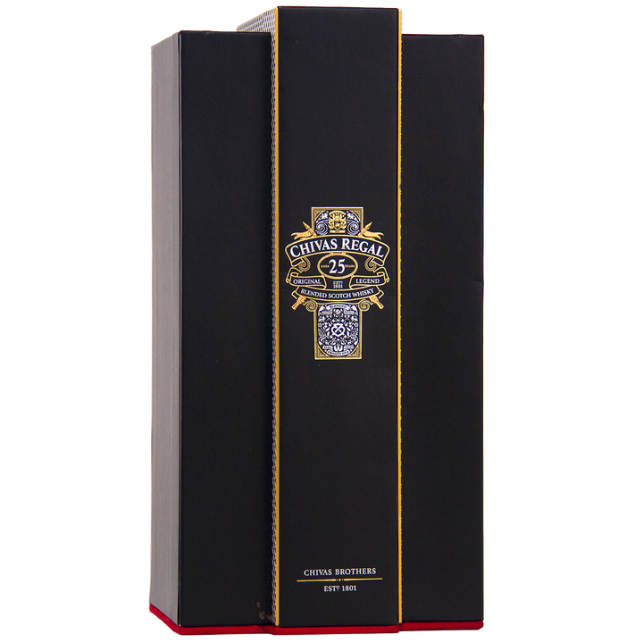 A black and gold upright box for Chivas Regal 25 Year Old Blended Scotch Whisky, featuring its logo, luxury blended whisky text, and ornate patterns. The box is slightly open on one side.