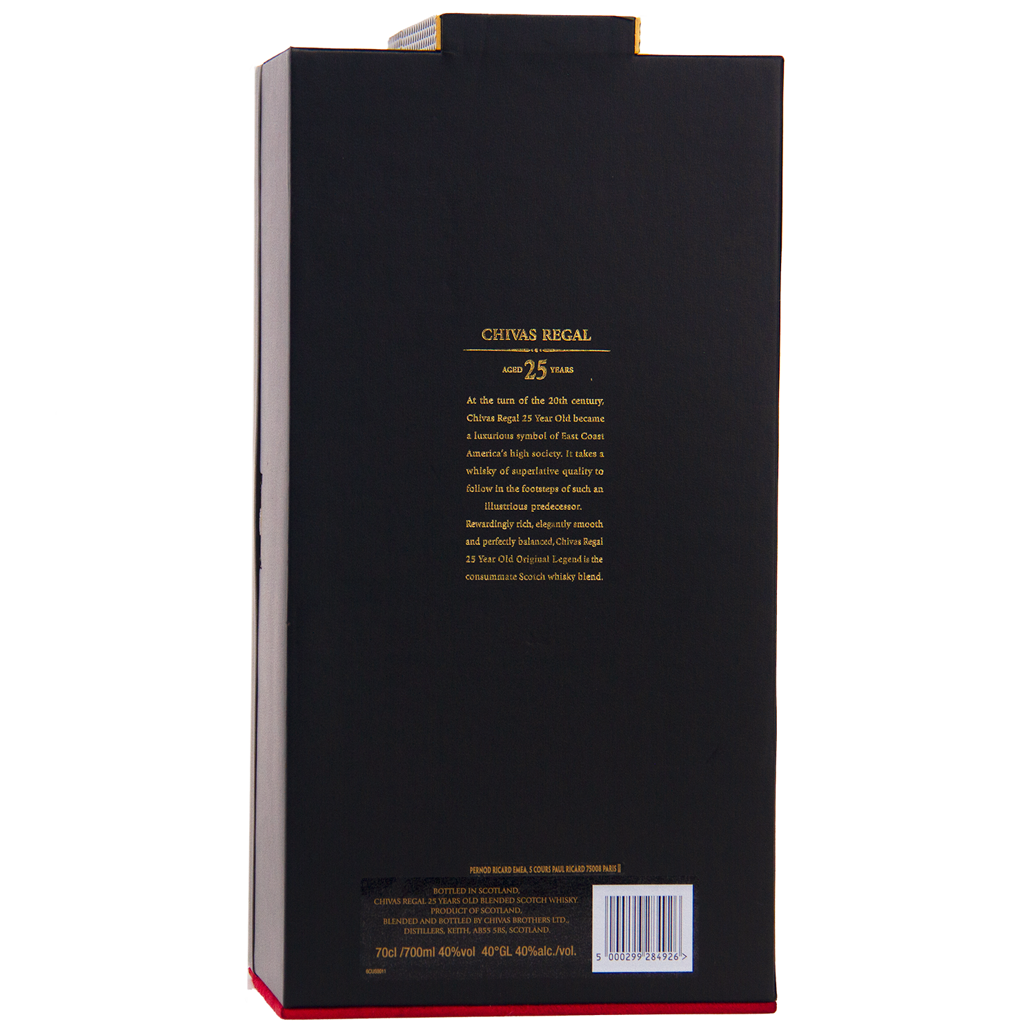 Back view of the Chivas Regal 25 Year Old Blended Scotch Whisky box, featuring gold product details on a black background with a red base and barcode at the bottom—a showcase of premium blended whisky elegance.