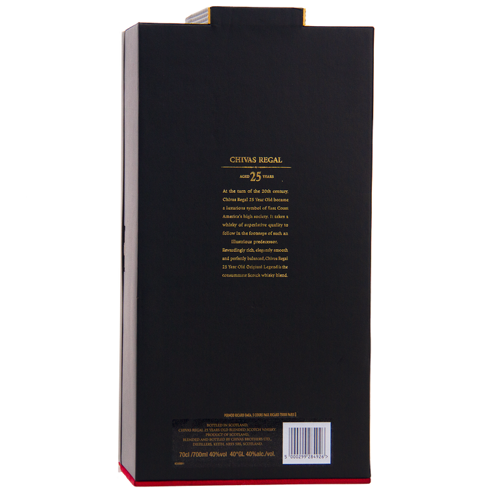 Back view of the Chivas Regal 25 Year Old Blended Scotch Whisky box, featuring gold product details on a black background with a red base and barcode at the bottom—a showcase of premium blended whisky elegance.