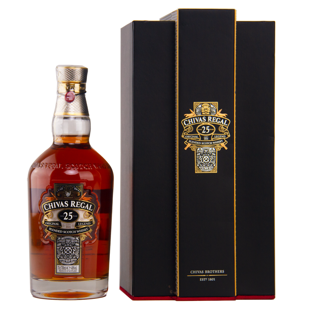 A bottle of Chivas Regal 25 Year Old Blended Scotch Whisky stands beside its black and gold presentation box, featuring a matching black and gold label with "25" and ornate detailing.